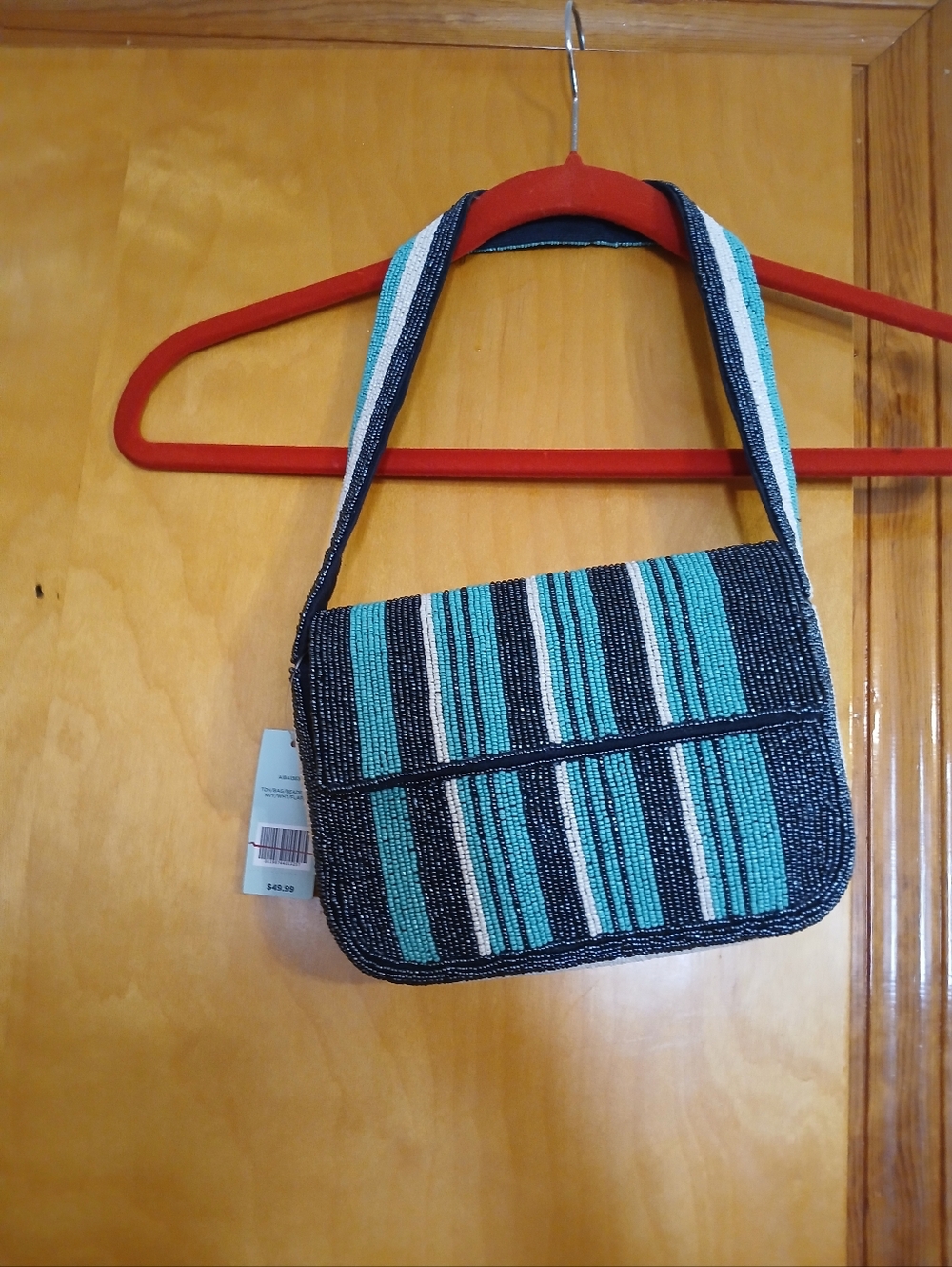 Beaded Turquoise & Black Striped Crossbody Bag